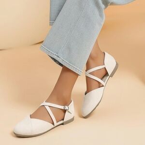 Saidoteto Women's Ankle Strap Flats Comfor Cream Women's Flats with Cross Straps